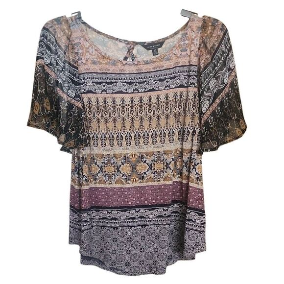 Lucky Brand Pink and Blue Graphic Short Sleeve Blouse NWOT‎ - Picture 1 of 3